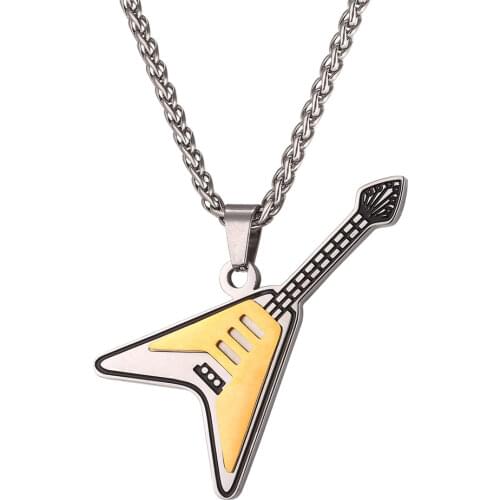 Collare Guitar Pendant Gold Color Stainless Steel Music Jewelry Men Retro Hippie Music Notation Fans Necklace Women P081
