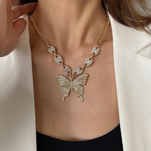 Origin Summer Exaggerated Bling Bling Rhinestone Butterfly Pendant Necklace for Women Hiphop Geometric Necklace Jewellery