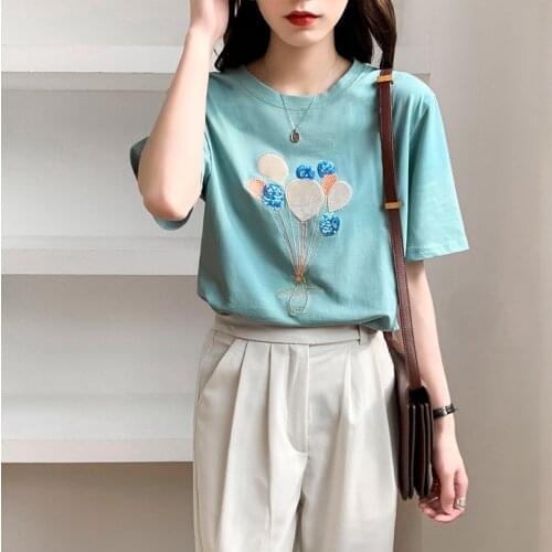 QOERLIN Embroidered Sequined Short Sleeved T-Shirt Womens 2021 Summer Fashion 100% Cotton T-Shirt Plus Size O-Neck Basic Tops