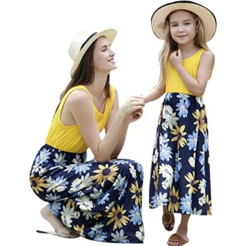 Summer Mother Daughter Sundress Parent-child Dress Casual Patchwork Outfits Flowers Print Polyester Family Matching Outfits