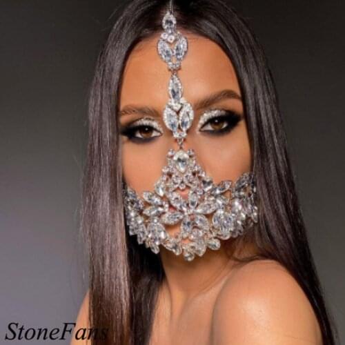Stonefans Luxury Large Crystal Leaf Mask for Face Women Adjustable Bright Rhinestone Face Jewelry Accessories Party Decoration