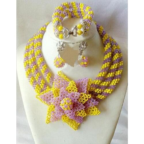 Unique Purple/Yellow Crystal Handmade Bead Jewelry Set Big Flower African Costume Indian Bridal Jewelry Set Free Shipping ANJ035