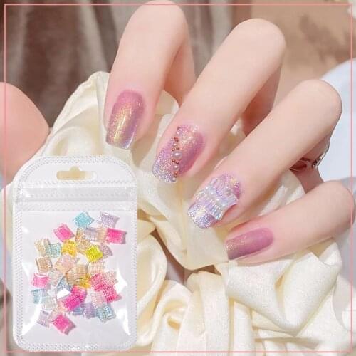 30Pcs/Pack Aurora Resin Nail Glitter Rhinestones Skirt Bow Random Colors Nail Decoration Gem Stones For Polish Decoration Tips