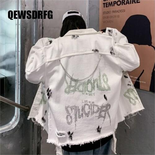 2021 New Destroyed Ripped White Denim Jackets Streetwear Hip Hop Casual Punk Rock Jeans Jacket Coats Outwear Tops