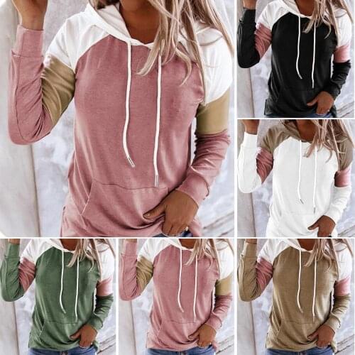 Lady Casual Loose Sweatshirt Long Sleeve Color Block Hoodie with Pocket Winter Warm Pullover Pockets Plus Velvet Sweatshirt 2021