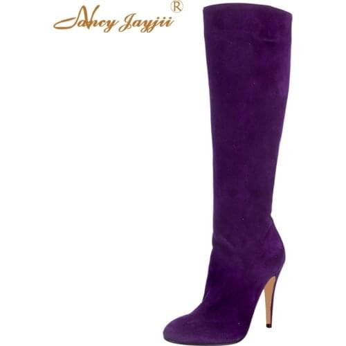 Purple Western Boots Womens Shoes Woman Round Toes Rubber Boots Covered High Heels Zip Closure At Counter Nancyjayjii