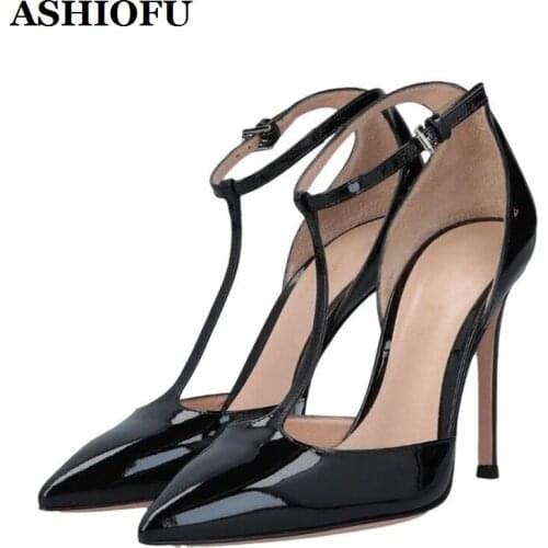 ASHIOFU Real Photos Womens Stiletto Heeled Pumps Patent Leather Pointed Toe T-strap Shoes Party Prom Evening Fashion Courtshoes