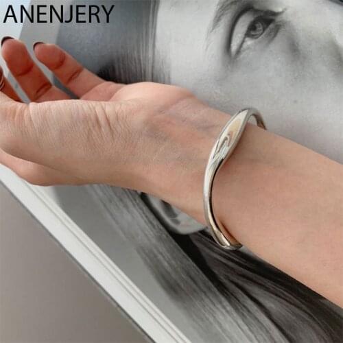 ANENJERY 925 Sterling Silver Irregular Bangle Bracelet for Women Geometric Chunky Open Cuff Bangle Gifts S-B469