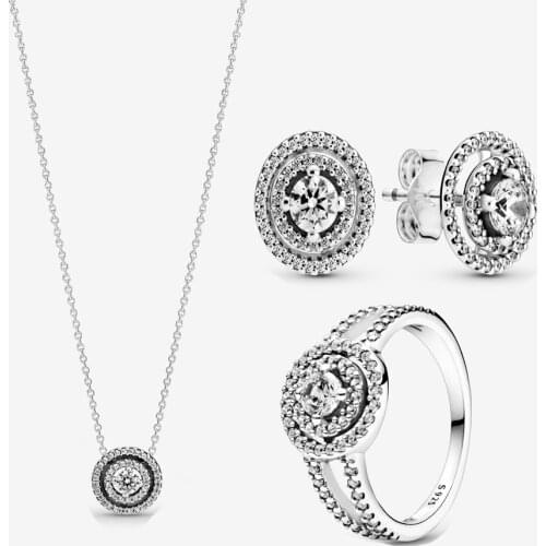2021 New 925 Sterling Silver Clear crystal Sparkling Double Halo Ring Necklace and Earrings For Women Wear Geometric Jewelry Set