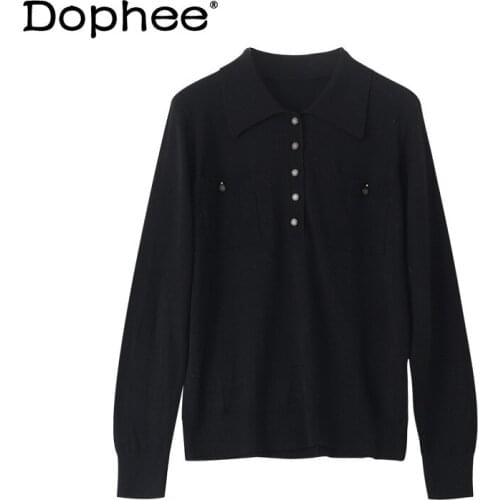 French Retro Fashion Simple Thin Top Spring New Ice Silk Polo Collar Commute Knitted Sweater Pocket Pullover Sweater for Women