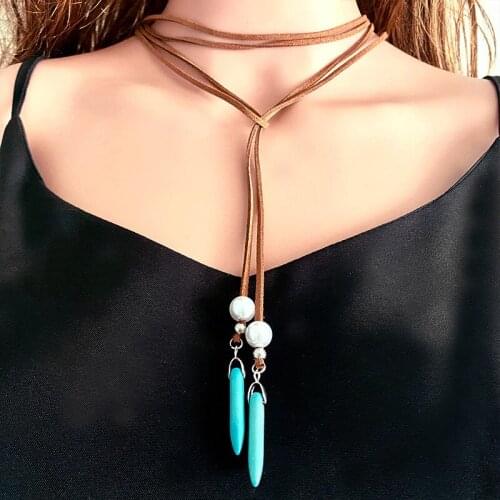 Handmade Bohemian Leather Necklace Turquoise Charm Wrap Lariat Choker Vegan Suede Jewelry for Women Layered Gift Tie JY38FDU4