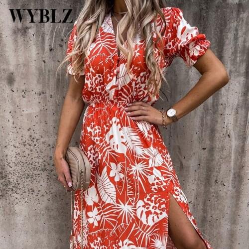 WYBLZ Summer Floral Print Dress Robe for Women 2021 Casual Short Sleeve Split Dress Female Boho Elegant Maxi Party Dress Vestido