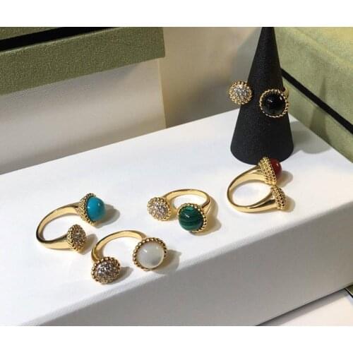 925 Sterling silver colorful gem stone Rings romantic CZ Crystal Ball Beads Rings Natural malachite Geometric Adjustable Rings