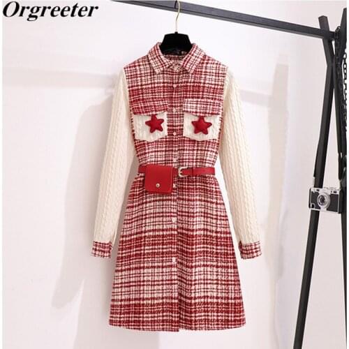 Retro Womens Tweed Patchwork Shirt Dress Preppy Style Lapel Knitted Long Sleeve Slim Stars Deco Woolen Dress With Waist Bag