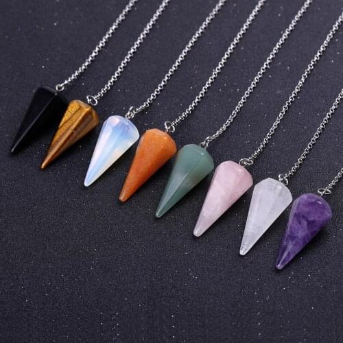 1PC 15x35mm Natural Healing Crystal Stone Reiki Pyramid Hexagonal Black Obsidian Pendulum Chain Pendant For Men Women Jewelry