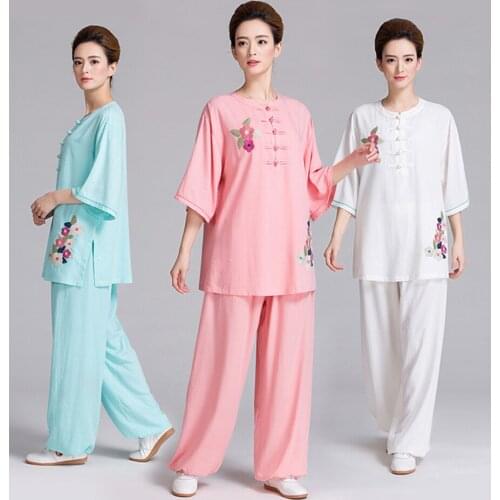 2017 New Summer Women Short Sleeve Taichi Suits Embroidery Linen Morning Practice Clothings Martial Art Sets