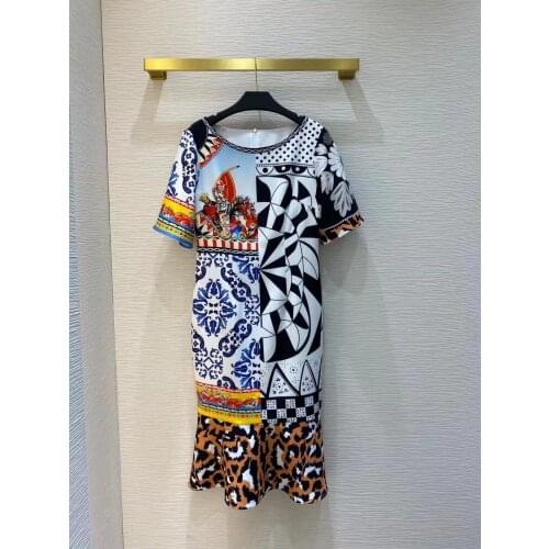 2021 Fashion Runway Summer Midi Dress Womens Half Sleeve Print Short Sleeves Elegant Vintage Trumpet Dress