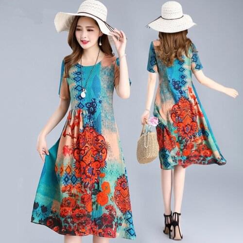 2021 New Summer Women Mulberry Silk Dresses Plus Size Loose Print A-Line Dress Short Sleeves Dress Lady Nightclub Vestidos B178
