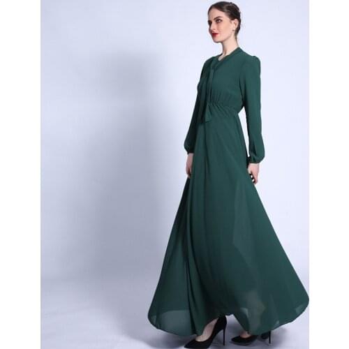 2021 Ramadan Ribbon Collar Long Dress Chiffon Muslim Women Clothing Abaya Skirt Bridesmaid Robe Prayer Islamic Clothes Dubai XL