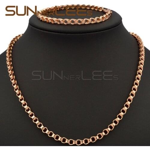 4mm New Fashion Jewelry Mens Womens Gift Rose Gold Color Necklace Bracelet Set Bicycle Link Chain C50 RS