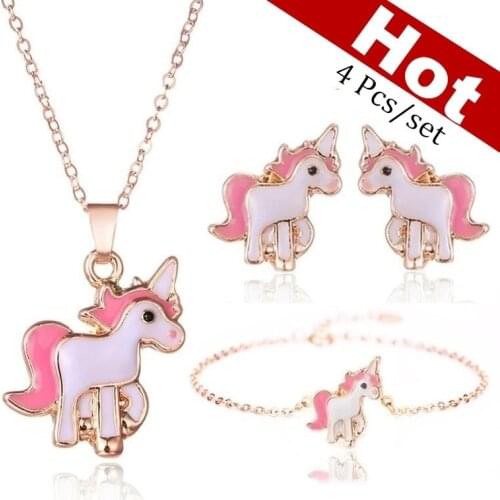 4pcs/set Necklace Earrings Cartoon Unicorn Necklace Earring Jewelry Pink Girls Gift Jewelry Jewelry Earring and Necklace Set
