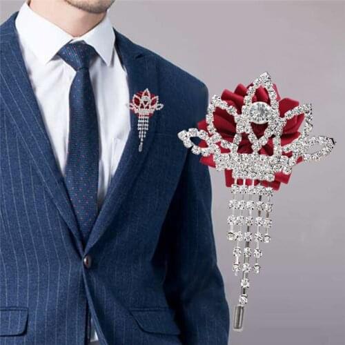 Exquisite Rhinestone Mens Corsage Ribbon Floret DIY Best Man Suit Lapel Pin Business Party Wedding Dress Accessories XH068D