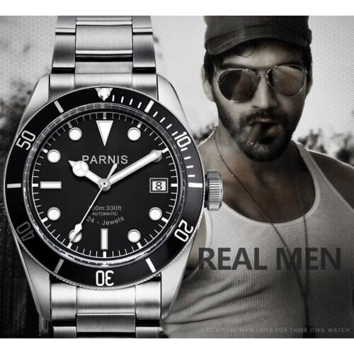 PARNIS Automatic Men Watch Luxury Style 41mm Stainless Steel Case Sapphire Glass Date Window Steel Band Alloy Bezel Insert