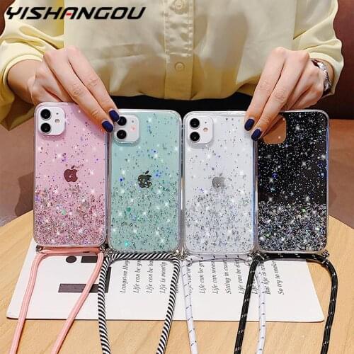 With Neck Strap Rope Cord Clear Glitter Case for iphone 11 pro max x xr xs se 2020 12 7 8 6 6s plus Crossbody Lanyard Back Cover