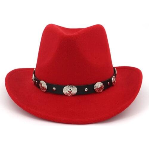 European US Wide Brim Woolen Felt Jazz Panama Hat Western Cowboy Cowgirl Hats with Leather Decorated Trilby Fedora for Men Women