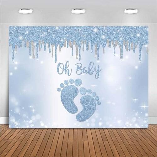 Newborn Baby Shower Backdrop Oh Baby Custom Photo Background Blue Glitter Baby Footprint 1st Birthday Backdrops for Photo Studio