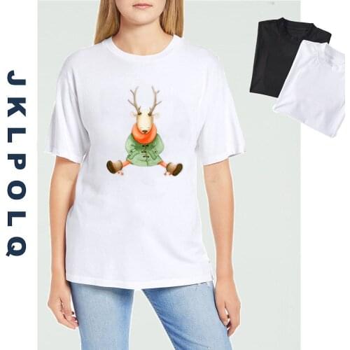 JKLPOLQ Women T-shirt Painted Rabbit Flower Animal Print Loose Summer Tees Easy Matching Female O-Neck Tshirts