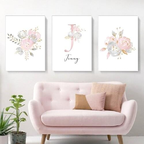 Personalized poster baby name custom canvas painting painting nursery prints pink flowers wall art pictures for girls room decor