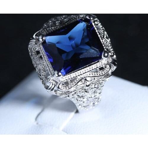 Luxury Womens AAA Blue Zircon Hollow Flower Rings For Women Engagement Ring Wedding Band Jewelry Size 6-10