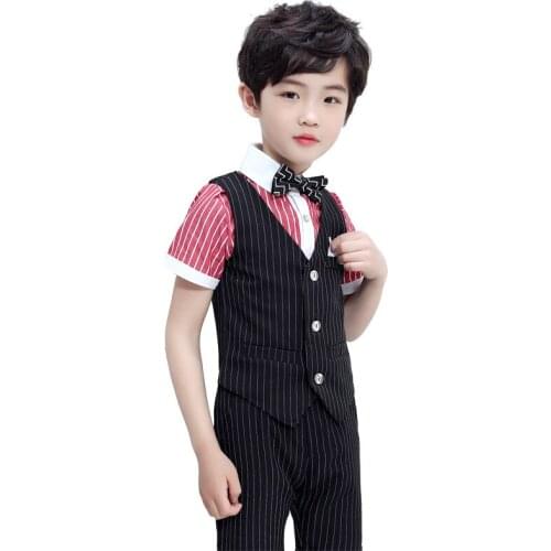 Boys Red Striped Shirt Dress Sets Children Vest Piano Shows Party Performance Costume Kids Vest Shirts Pants Bowtie Clothing Set