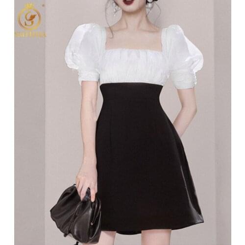 Korea Chic Square Collar Mini Dress For Women Summer Puff Short Sleeve Slim High Waist Patchwork Dress Vestidos Femme 2021 New