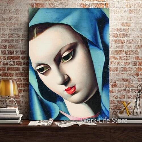 The Beauty Blue Head Red Lips Lady by Tamara de Lempicka Classic Canvas Print Oil Painting poster Wall art Pictures Home Decor