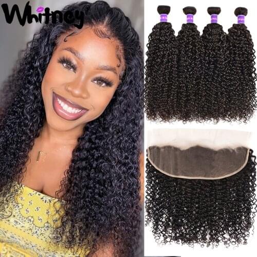 Kinky Curly Human Hair Bundles With Frontal Mongolian Virgin Hair 4x4 Closure With Bundle Kinky Deep Curly 3Bundles With Closure