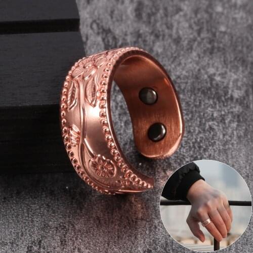 Flower Pure Copper Rings Magnetic Health 9mm Adjustable Open Cuff Ring Men 4pcs Magnets Energy Rings for Women Men Arthritis