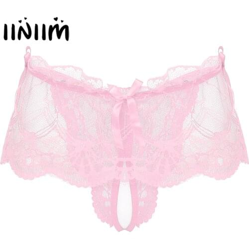 Mens Lingerie Underwear See-through Lace Crotchless Skirted Thong T-back Panties Low Rise Elastic Waistband Bowknot G-string
