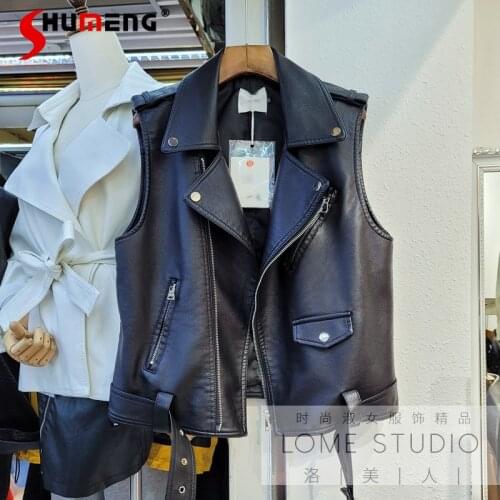 Fall 2021 New Suit Collar Pu Vest Waistcoat Vest Motorcycle Jacket Leather Coat Vest Women