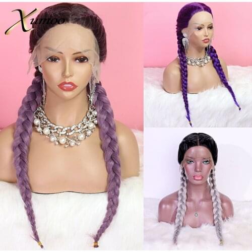 Xumoo Ombre Gray Synthetic Lace Front Wig Box Braids Wig With Baby Hair Heat Resistant Ombre Purple Red Double Braided Wigs