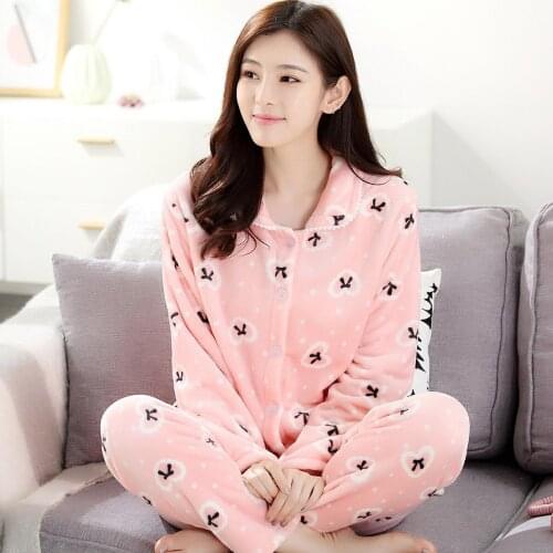 Girls Coral Velvet Pajamas Ladies Autumn Winter Flannel Homewear Long Sleeve Suit Students Soft Fleece Nightwear 15 Colors D2051