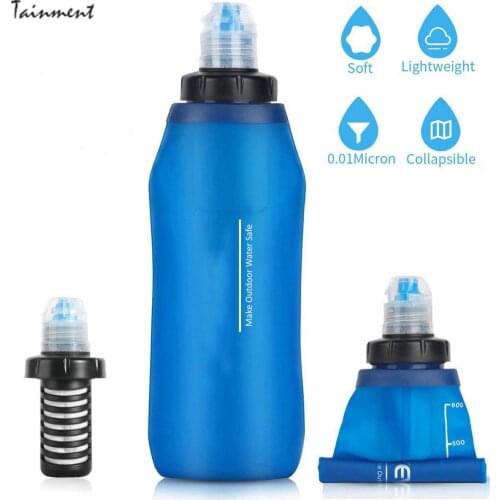 600ml Water Filter Bottle Water Filter Straw Soft TPU Folding Portable Filtered Water Bag for Outdoor Camping Hiking Cycling