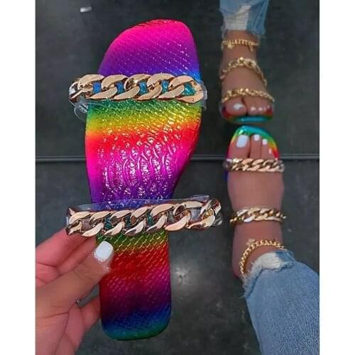 2021 Summer New Women Slippers Fashion Chain Colorful Flat Bottom Open Toe Outdoor Ladies Slides Beach Casual Shoes Big Size