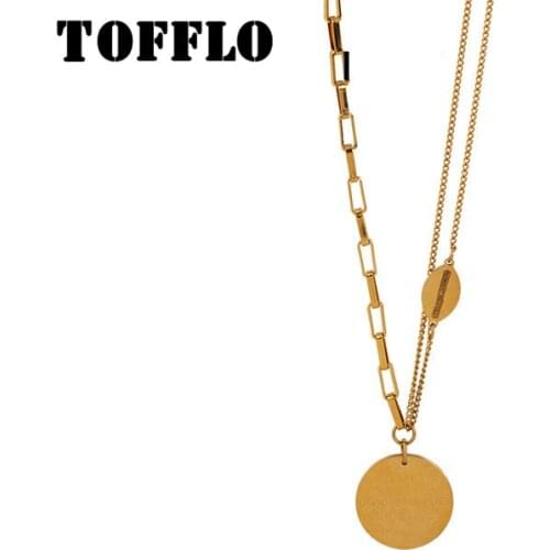 TOFFLO Stainless Steel Jewelry Double Layer OT Button Letter Round Brand Pendant Necklace Womens Fashion Clavicle Chain BSP604