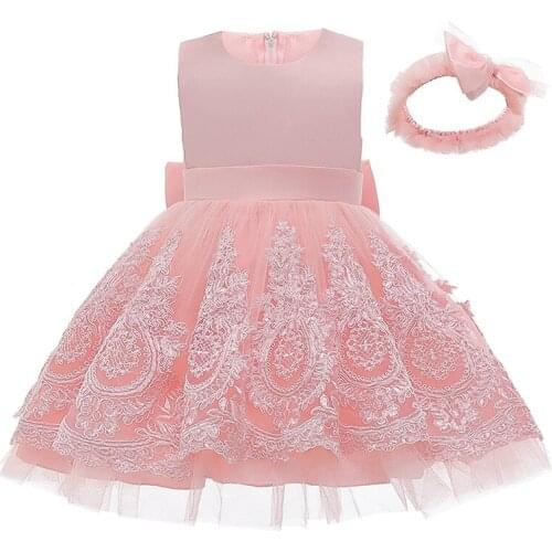 2020 Toddler Girls Emrboidery Dress for Party Lovely Flower Girls Clothes with Bows +headband Vintage Children Clothes