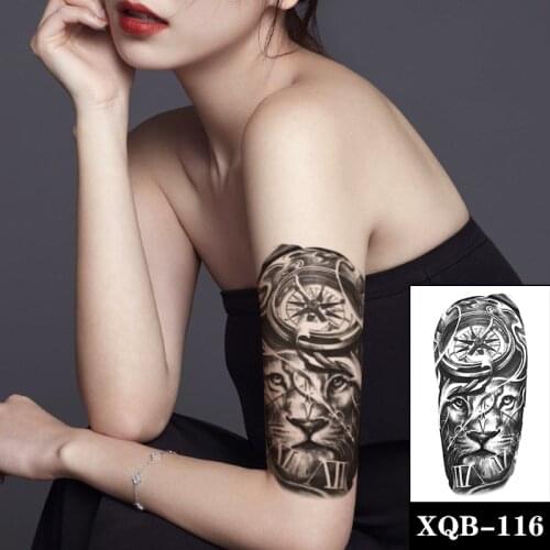 Waterproof Temporary Tattoo Sticker Black Lion Compass English Letters Line Fake Tattoos Flash Tatoos Arm Body Art for Women Men