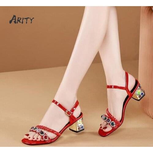 2021 Summer Womens Mid-heel All-match Sandal Buckle Diamond Chunky Heel Shoes Fish Mouth Thick Heel Sandals