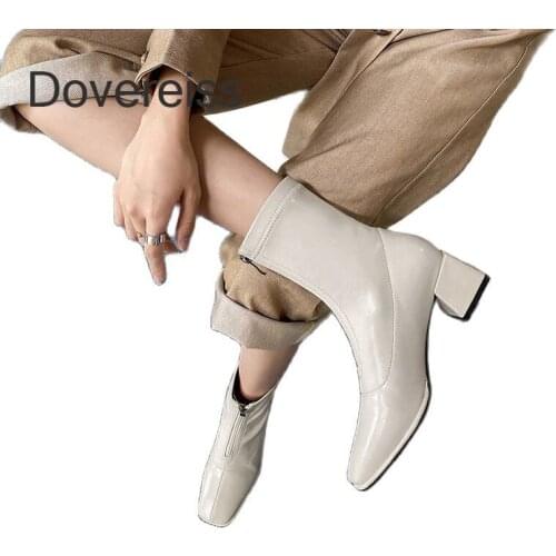 Winter For Woman New Fashion Sexy Shoes Square toe Boots Zipper Beige Block Heels Ankle Boots 32-43