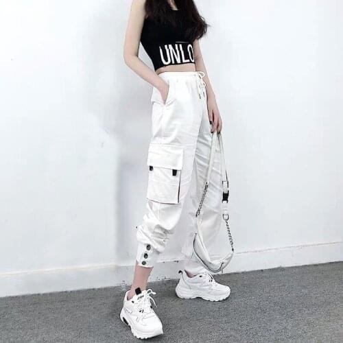 Women Sport Pants High Waist Cargo Pants Loose Girls Punk Female Trousers Overalls Multi-size Sweatpants Pantalon Spring Autumn